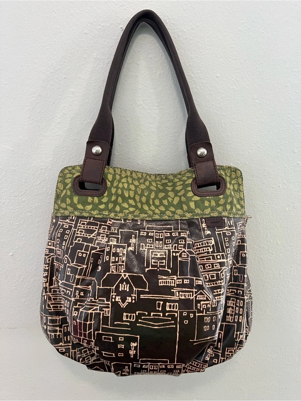 Fossil Key-Per Cityscape Print Canvas Tote Shoulder Bag